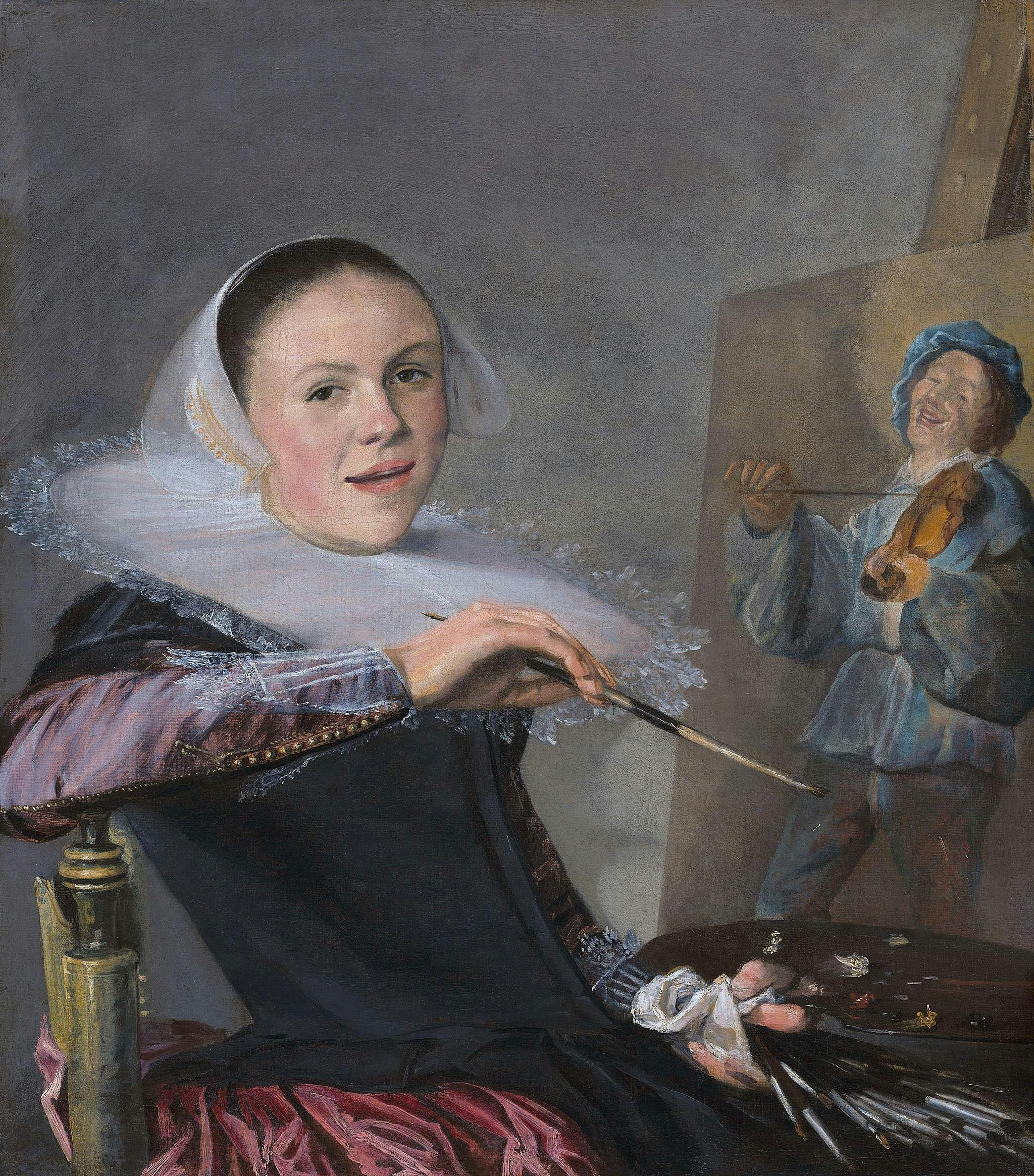 Zelfportret van schilder Judith Leyster uit ongeveer 1630. Je ziet haar nonchalant aan het werk zittend bij een schildersdoek. Ze kijkt de toeschouwer recht aan. Het schilderij waar ze aan werkt is van een man die een viool-achtig instrument bespeelt. 