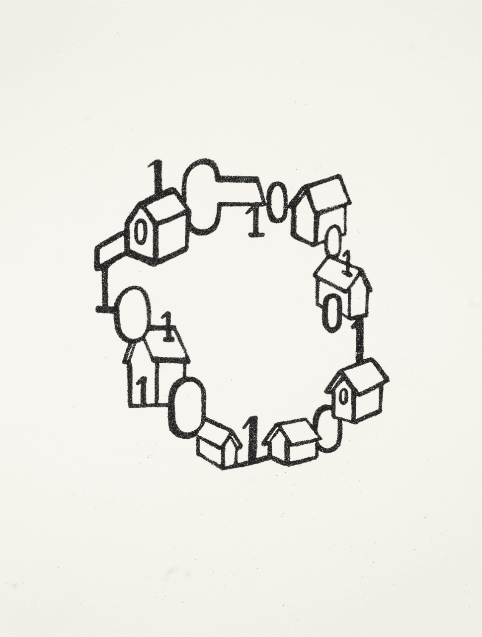 Zwart-wit tekening waarop met nullen en enen gebouwen verbinden. Onderdeel van het kunstwerk '01 is Fun' van kunstenaar Vittorio Roerade.