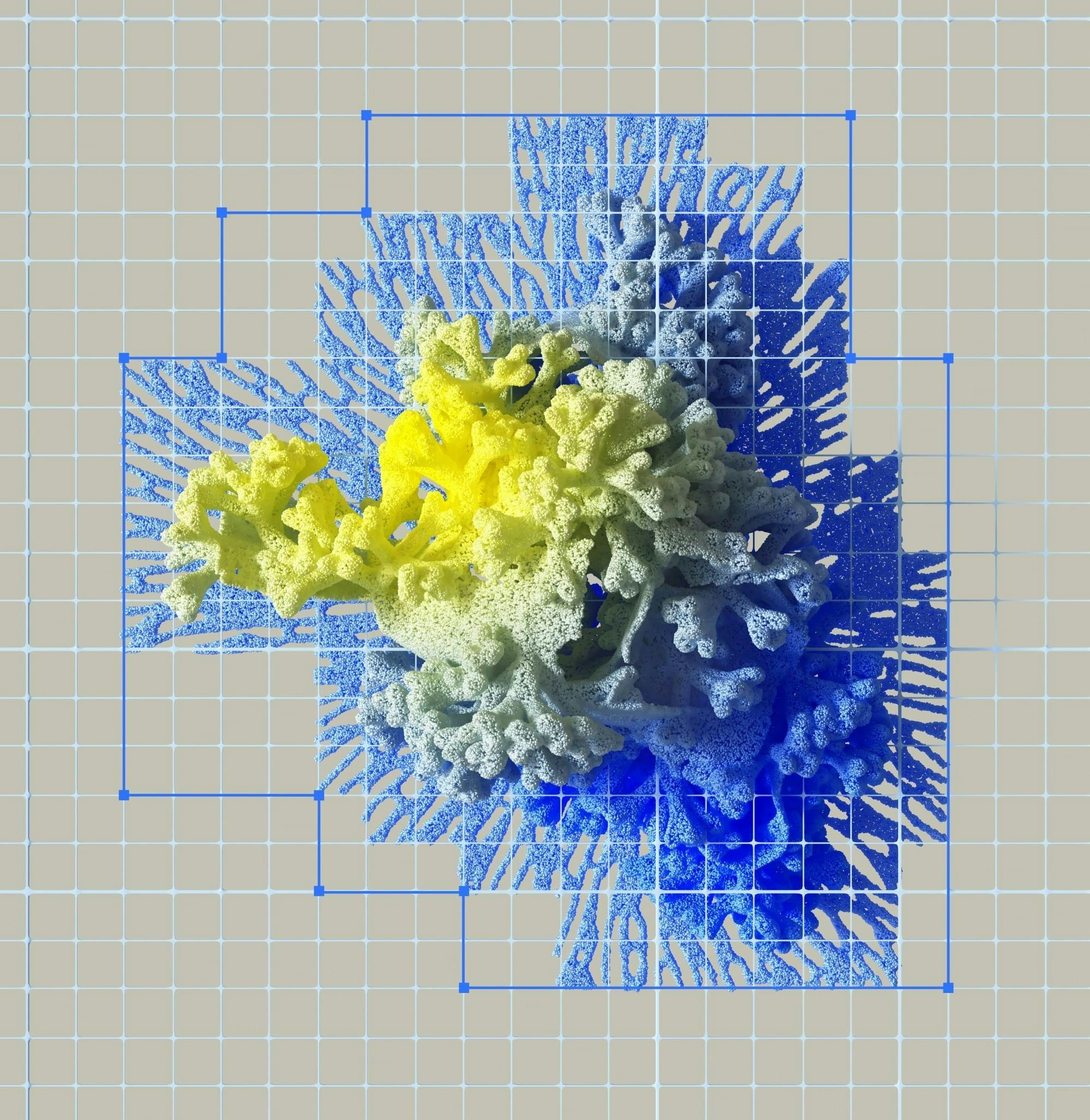 Abstract digitaal kunstwerk met veel lijnen en blauwe, gele en groene kleuren. Lijkt op koraal.