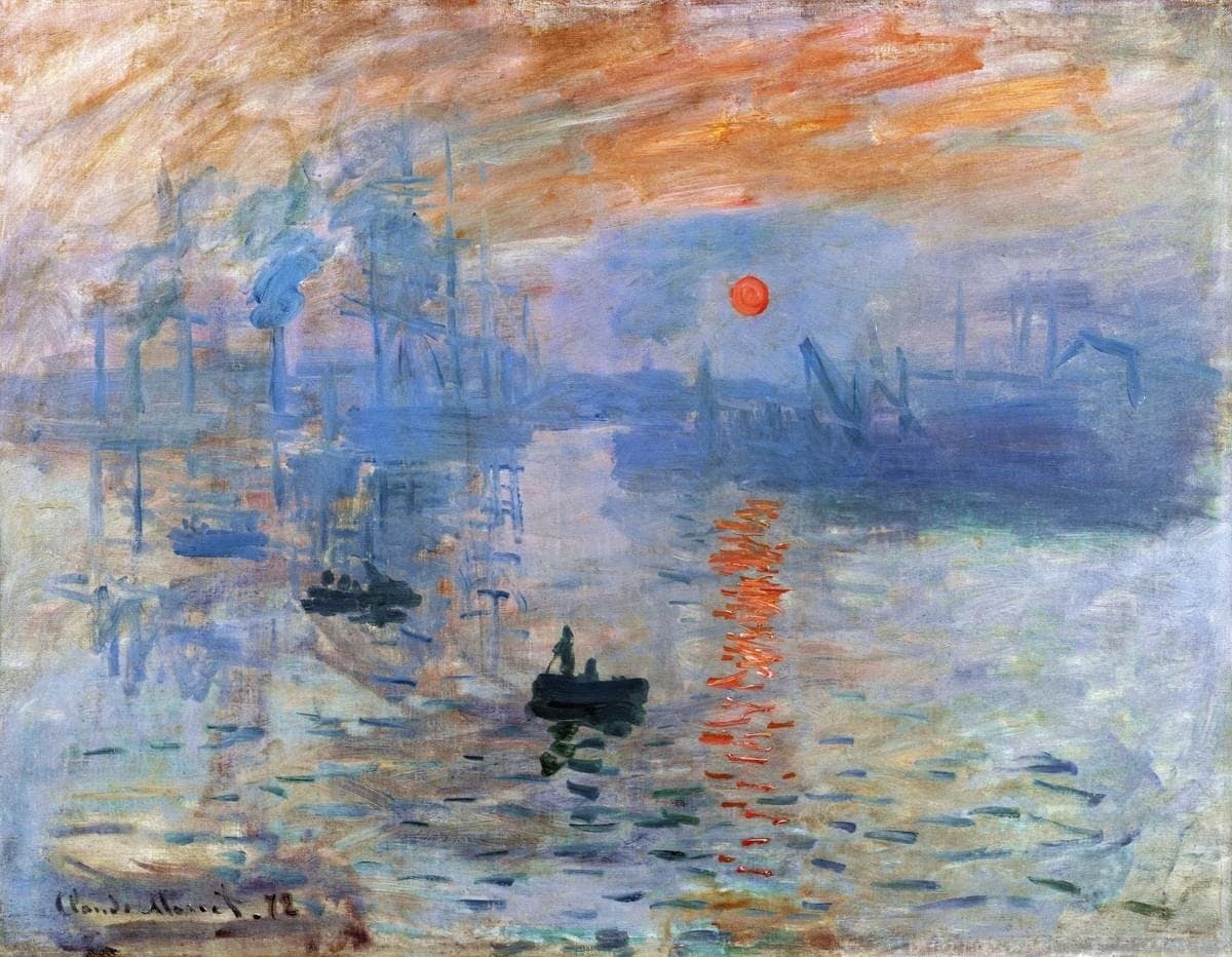 Claude Monet's Impression, Sunrise (1872) via Wikimedia Commons. Impressionistisch schilderij van de opkomende zon in de haven. Vluchtig geschilderd met op de voorgrond een bootje.