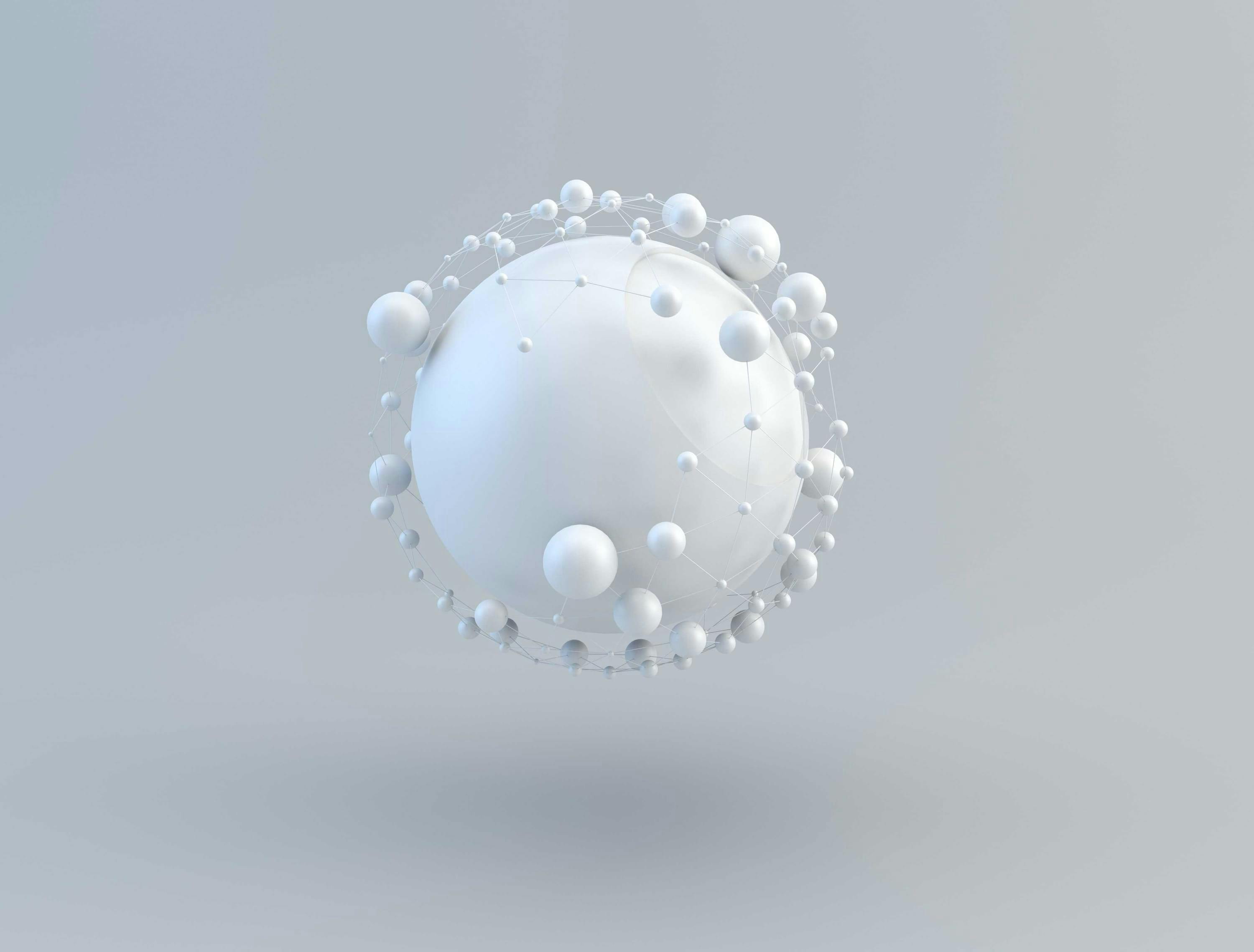 Zwevende witte bol met daaromheen een netwerk van kleinere bollen in verschillende groottes. Het lijkt op de aarde en hoe netwerken over de wereld met elkaar verbonden zijn. Digitaal draagt bij aan het versterken van netwerken.