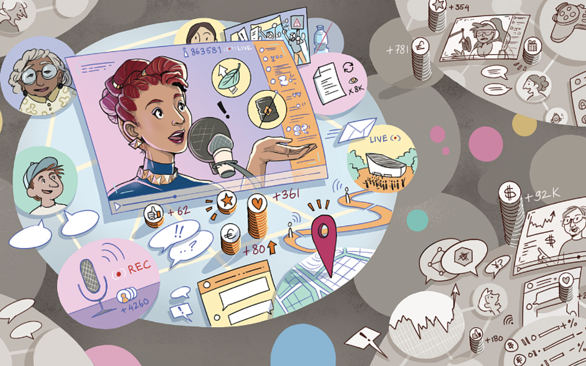 Geïllustreerd toekomstscenario van cultuurpubliek in een gefragmenteerde en actieve samenleving. Naomi, personificatie van Gen Z, treedt op als influencer. Via social media deelt zij haar visie op cultuur, klimaat, hobby's en passies.