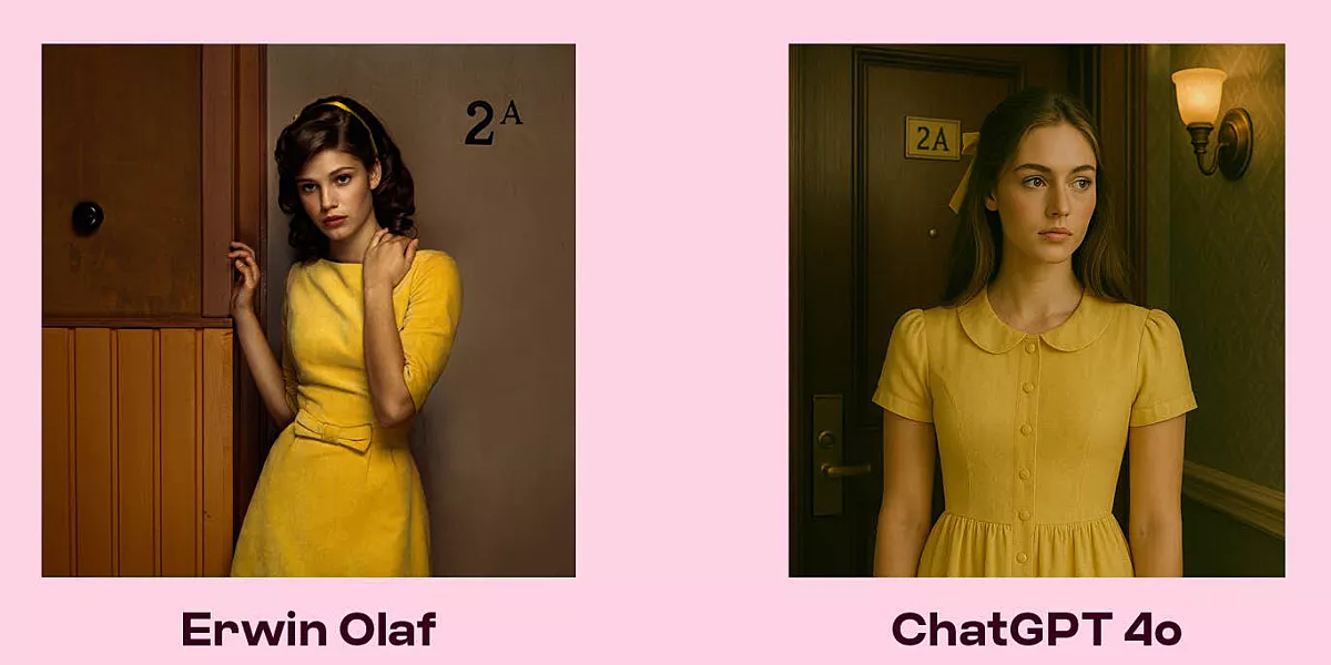 Twee afbeeldingen van meisjes in gele jurken, links door Erwin Olaf, rechts door ChatGPT