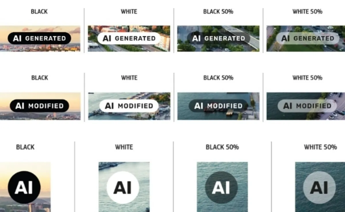 het logo dat de EU heeft ontwikkeld: "AI GENERATED" voor volledig AI-gemaakte content en "AI MODIFIED" voor bewerkte content.