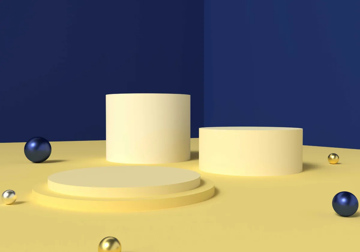 Render van gele pilaren van verschillende hoogtes en blauwe en gouden ballen.