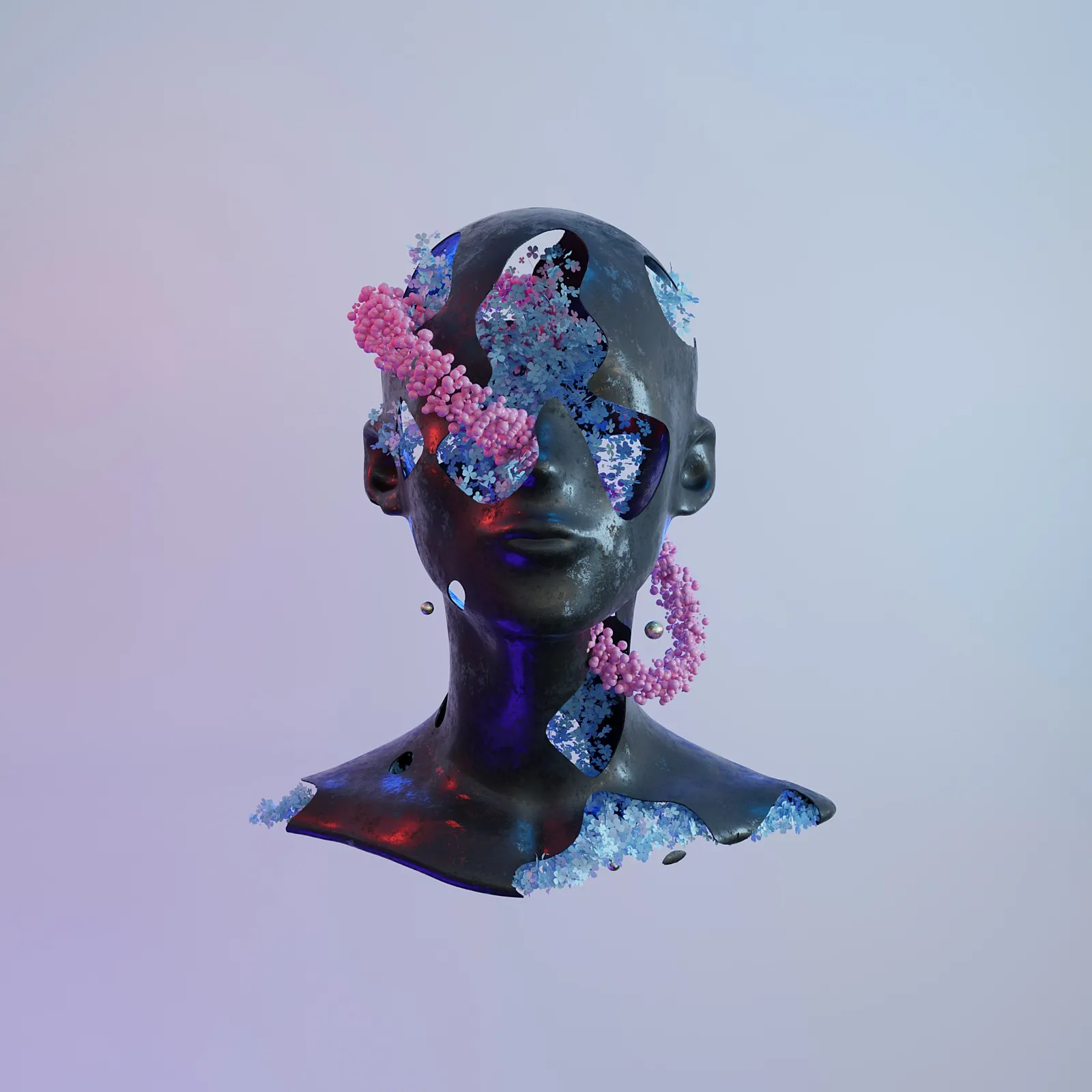 Digitaal kunstwerk van een borstbeeld met gaten waar een soort bloemenslingers uit komen.