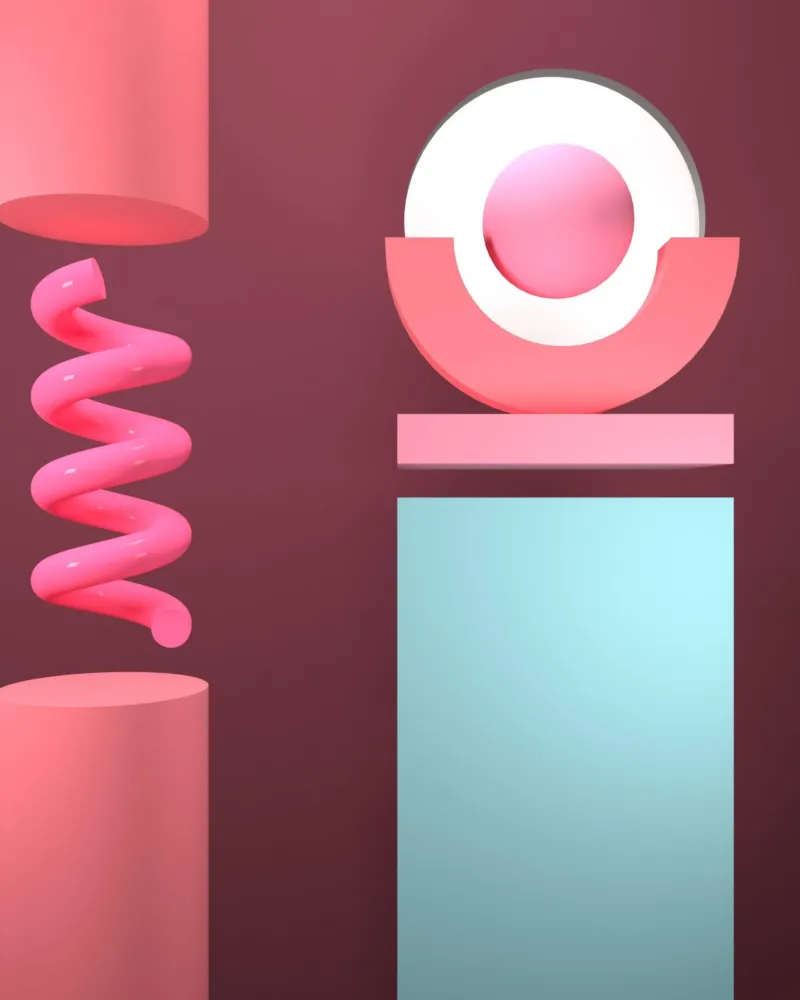 Render met 3 D vormen roze en blauw