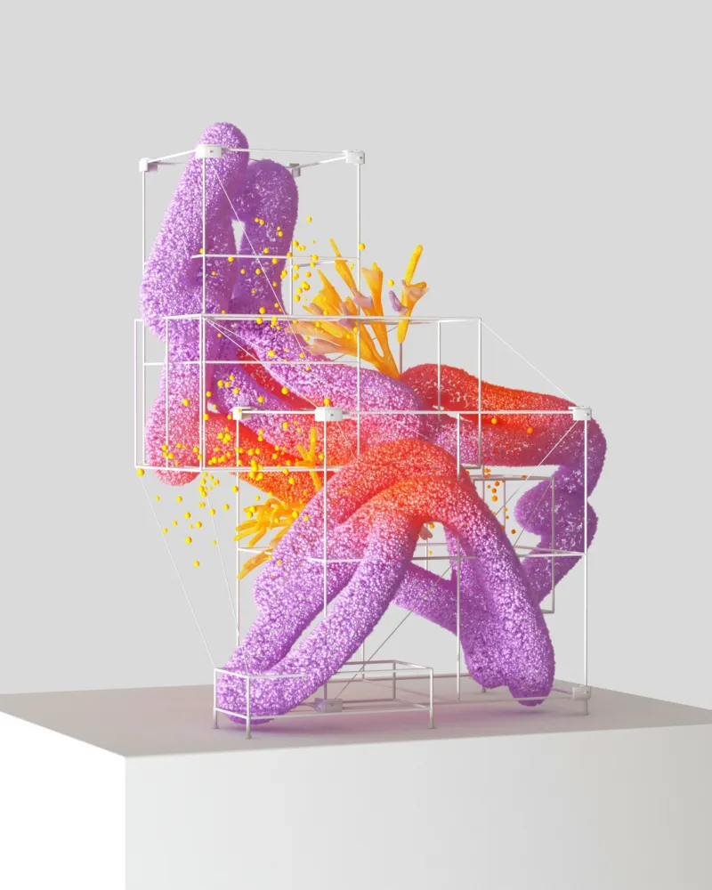 Abstract digitaal kunstwerk. Lijkt op koraal in de kleuren paars, geel en oranje.