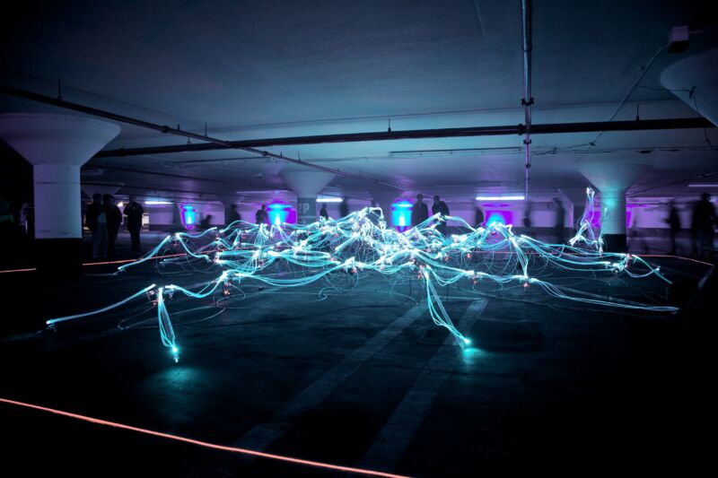 Artwork of light up wires that resembles a spiderweb